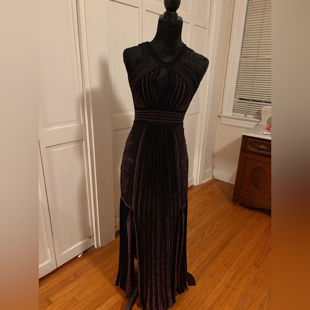 Bebe Black & Rose Gold Metallic Evening Gown | XS | Keyhole Slit Dress